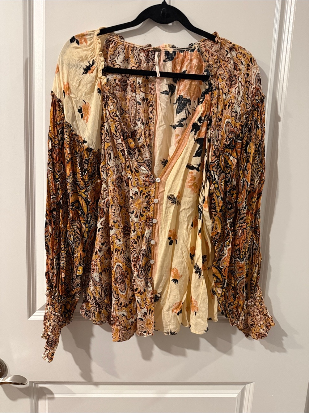 Free People Mixed Paisley Patchwork Blouse in Cream and Brown